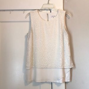 Calvin Klein White Sleeveless Mixed Media Blouse M